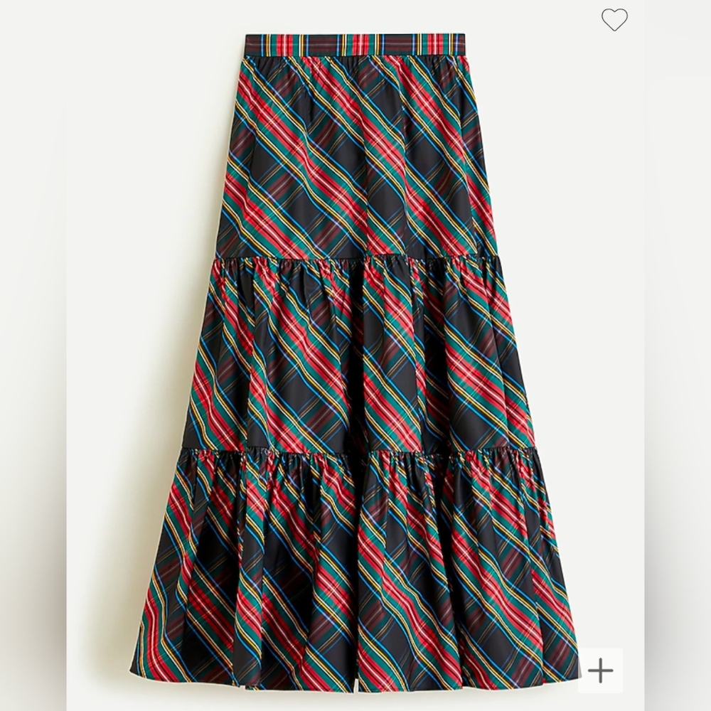 NWT J.Crew Tiered Maxi Skirt in Black Stewart Tartan Taffeta